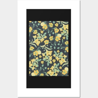 Vintage Floral (Black, gold and teal) Posters and Art